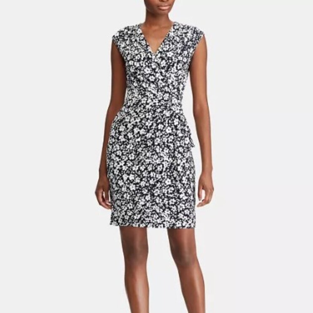 Lauren Ralph Lauren Black & White Floral Ruched Sheath Dress – Size 6
